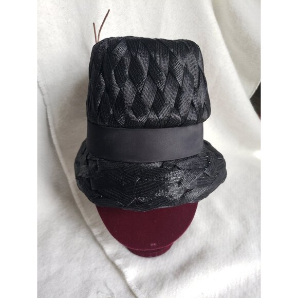 Black Vintage Cloche Hat with Large Pink Roses Woven Raffia - Picture 3 of 10